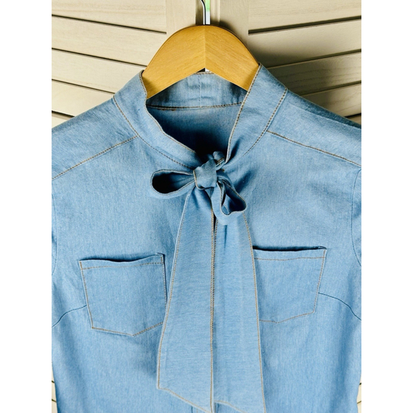 Western Button Up Shirt Womens M Blue Denim Tie Neck Bow Long Sleeve Top - Picture 3 of 7